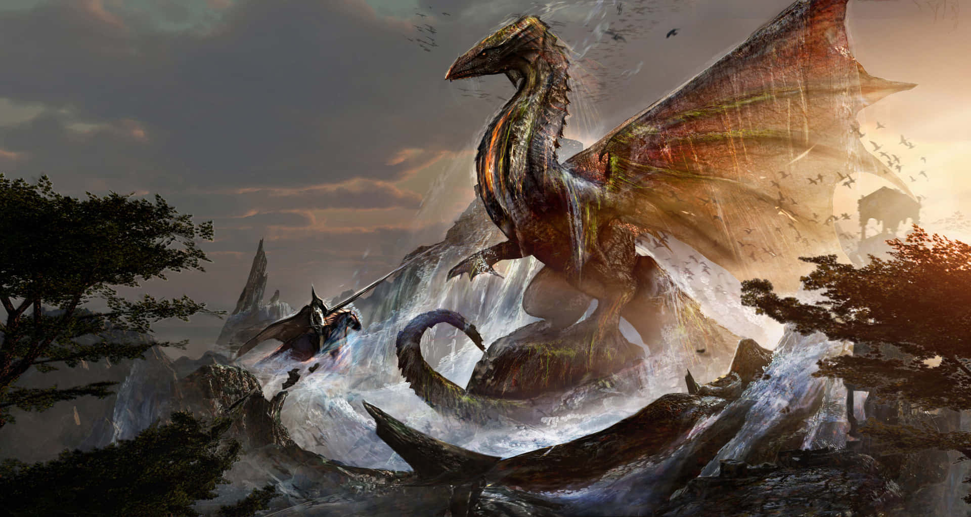 "The fiery breath of a mythic dragon envelops an unsuspecting town." Wallpaper