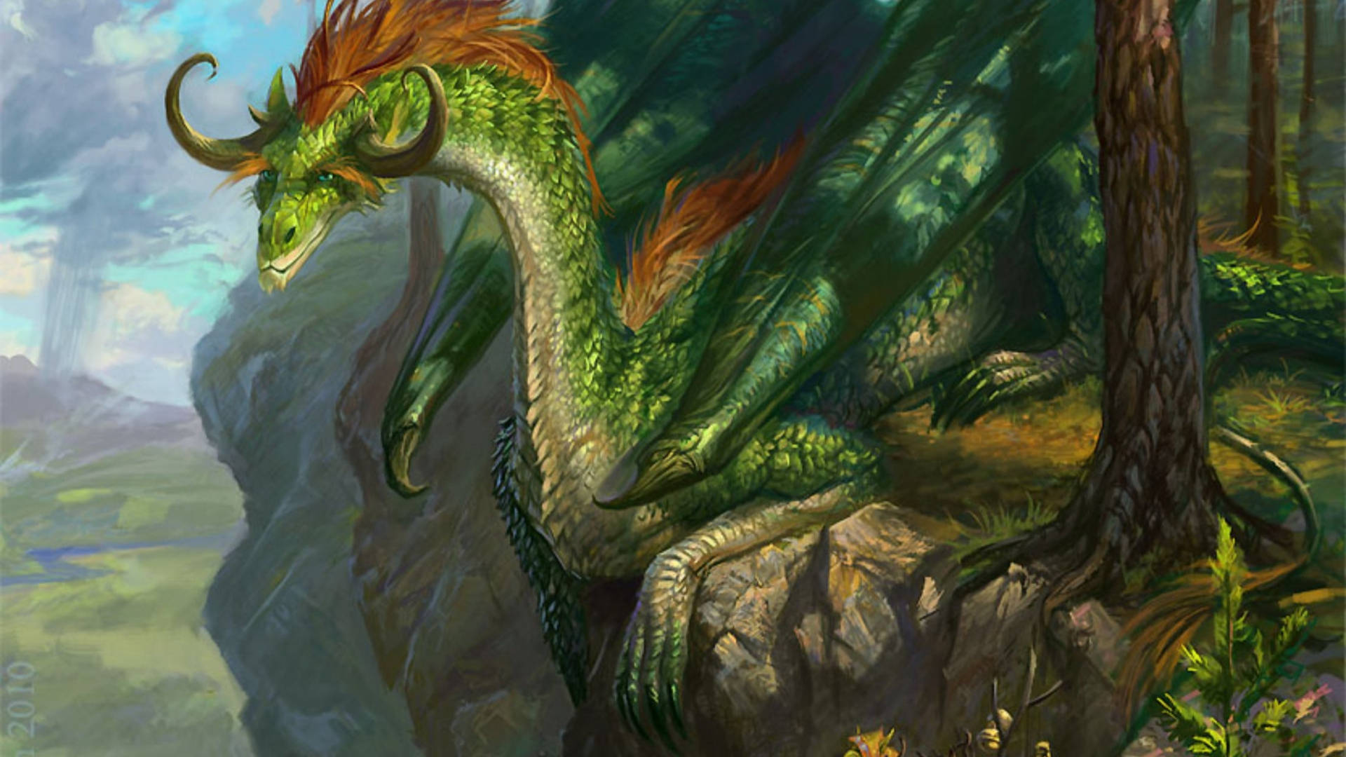 Mythical Green Dragon On Cliff Wallpaper