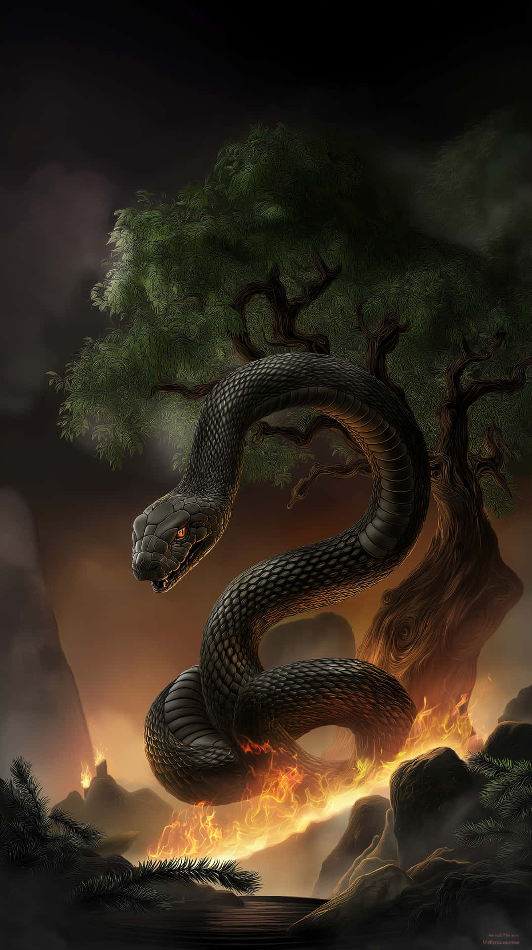 Mythical Serpent With Glowing Eyes Amidst Fiery Terrain Wallpaper