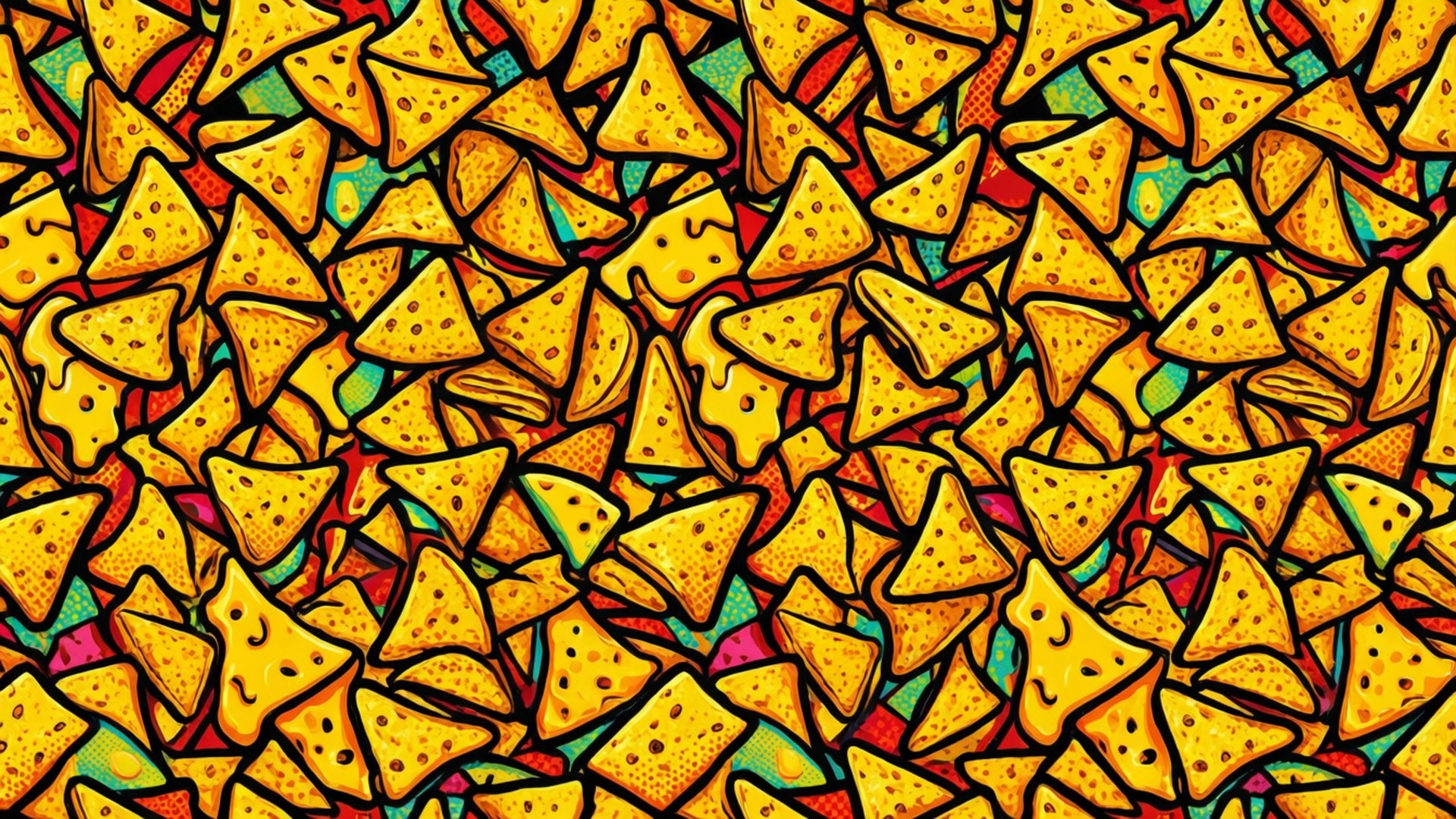Un divertente motivo pop art di nachos ripetuti, perfetto per uno sfondo moderno.
