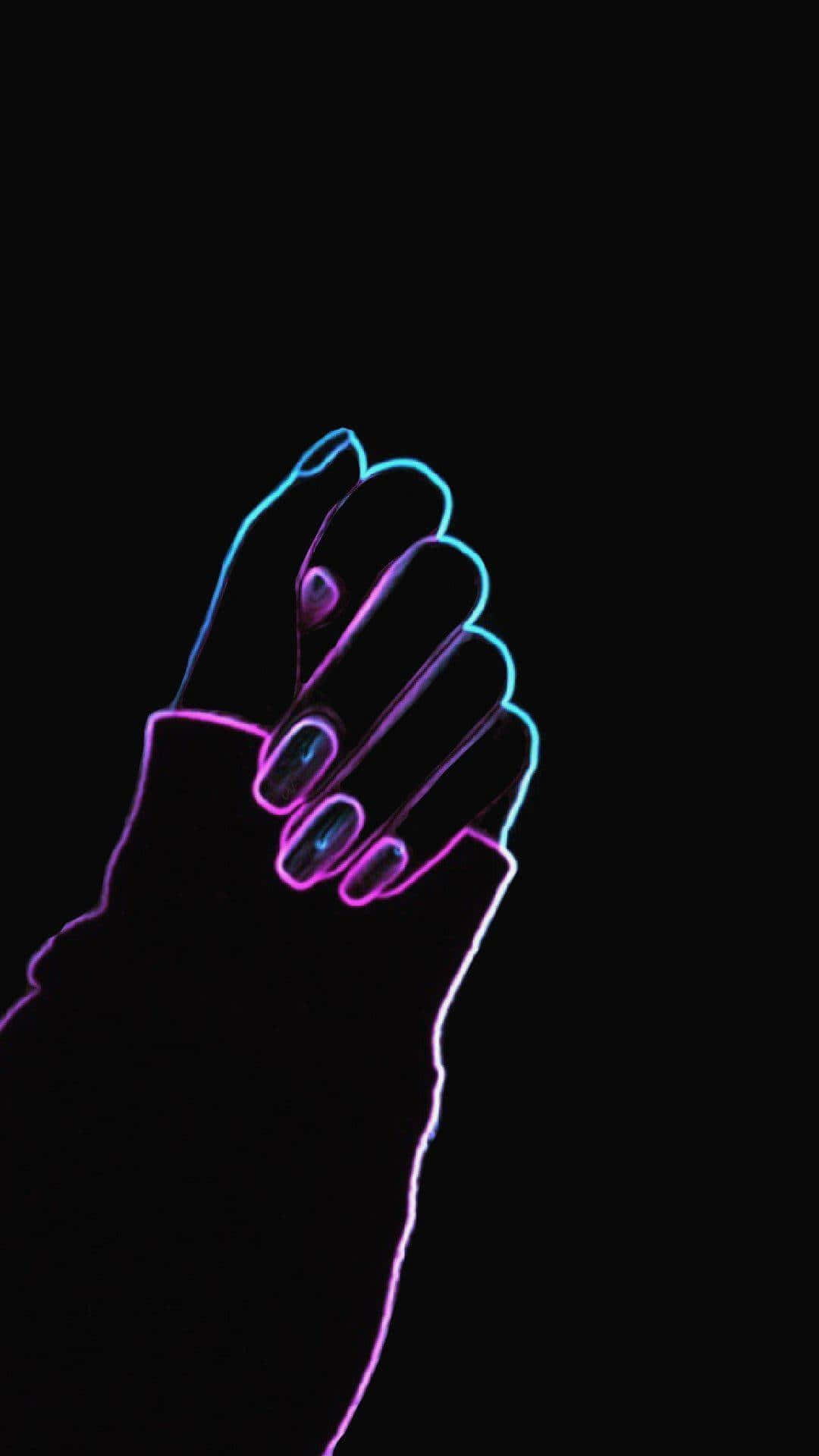 Neon Hand With Neon Nails On A Black Background
