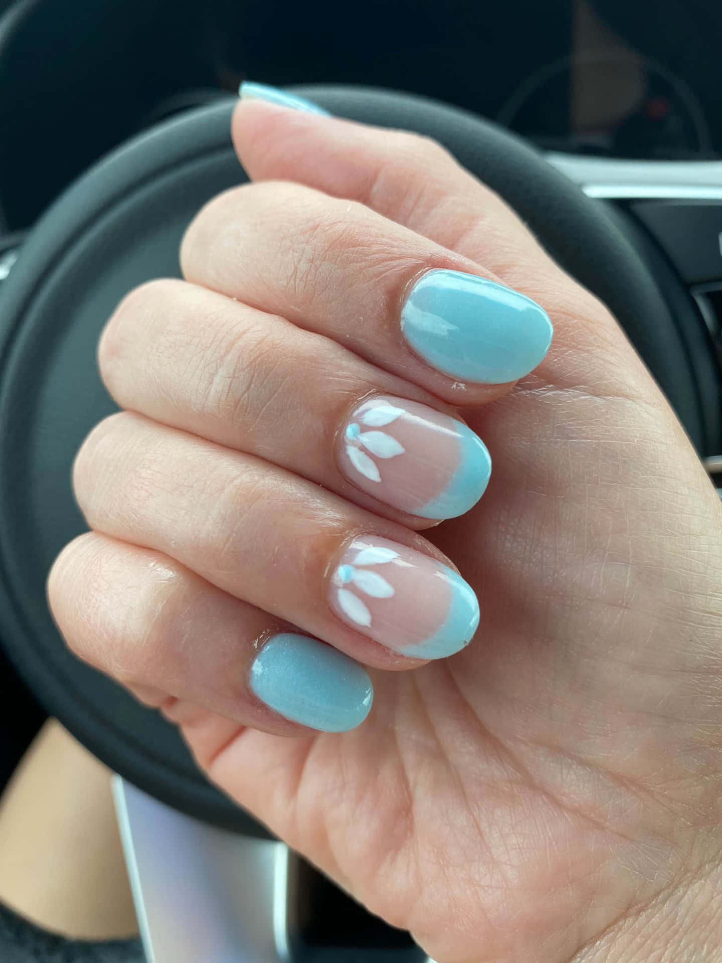White Floral And Light Blue Shinning Nail Designs Picture
