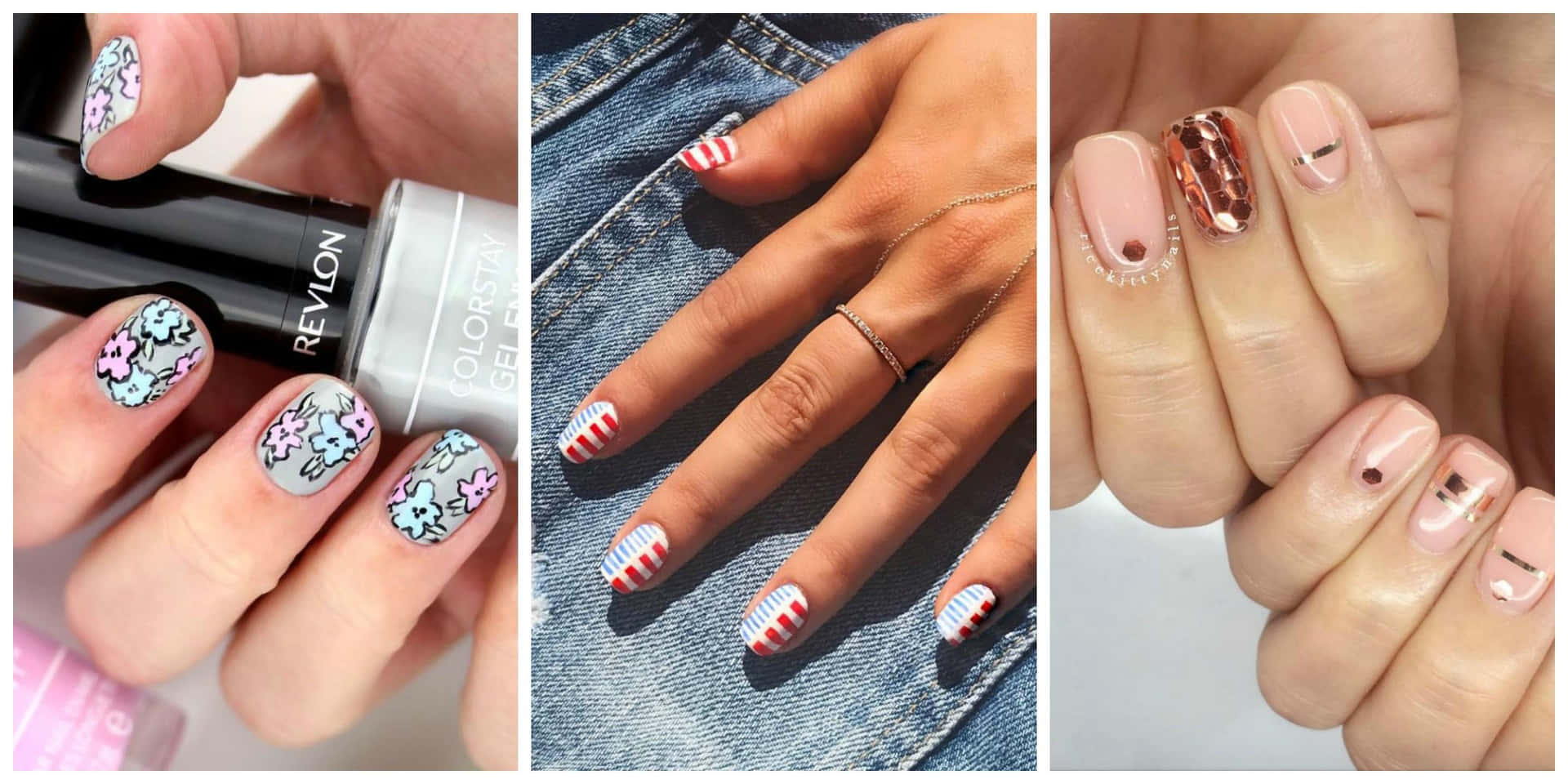 Floral Revlon American Flag And French Fake Nail Designs Picture