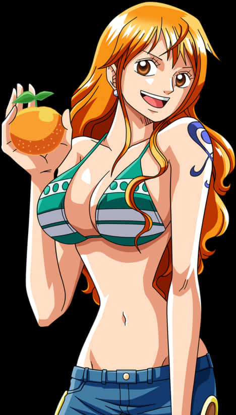 Nami One Piece Anime Character With Orange PNG
