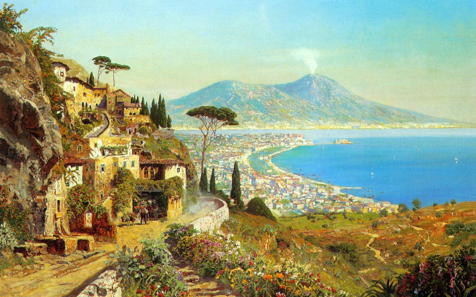 Naples City Realistic Painting Wallpaper