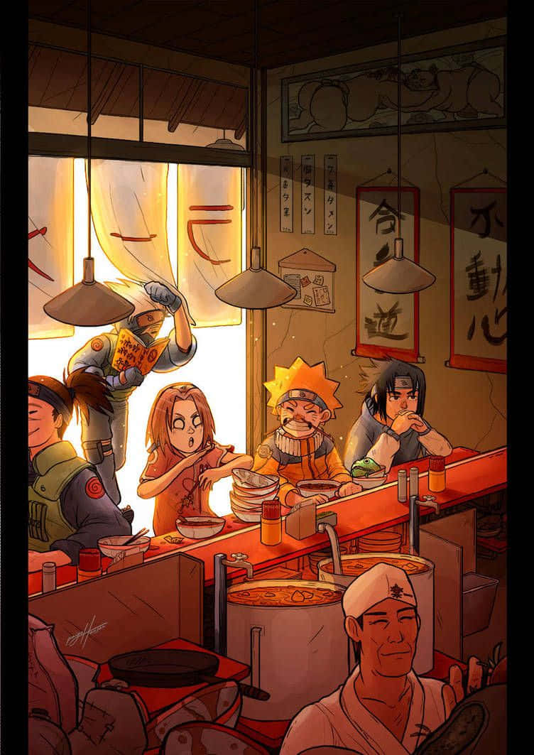 Naruto And Team 7 At Ramen House Background