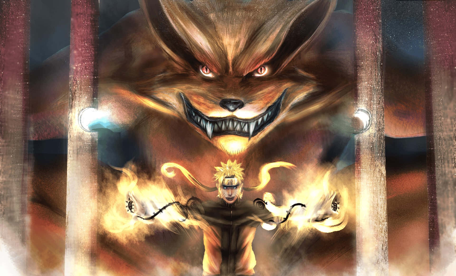 Naruto's Ni-Tailed Fox udøser sin vrede mod en kosmisk baggrund. Wallpaper