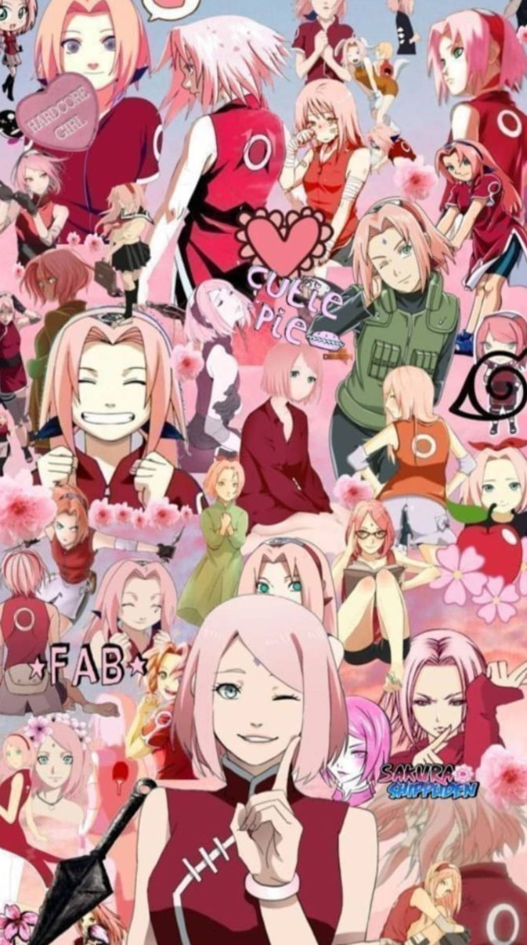Naruto Anime Haruno Sakura Kollage Tapet: Et tapet sammensat af mange billeder af Haruno Sakura fra anime-serien Naruto. Wallpaper