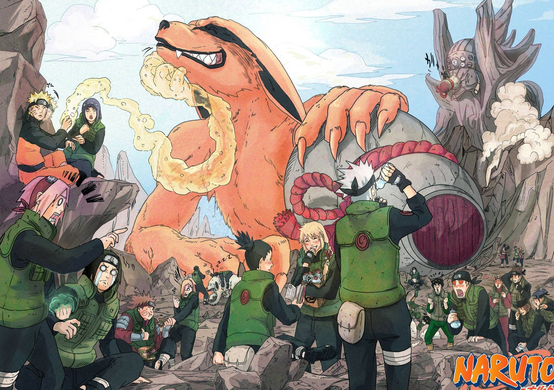 Naruto Live Kurama Standing Over Characters Background