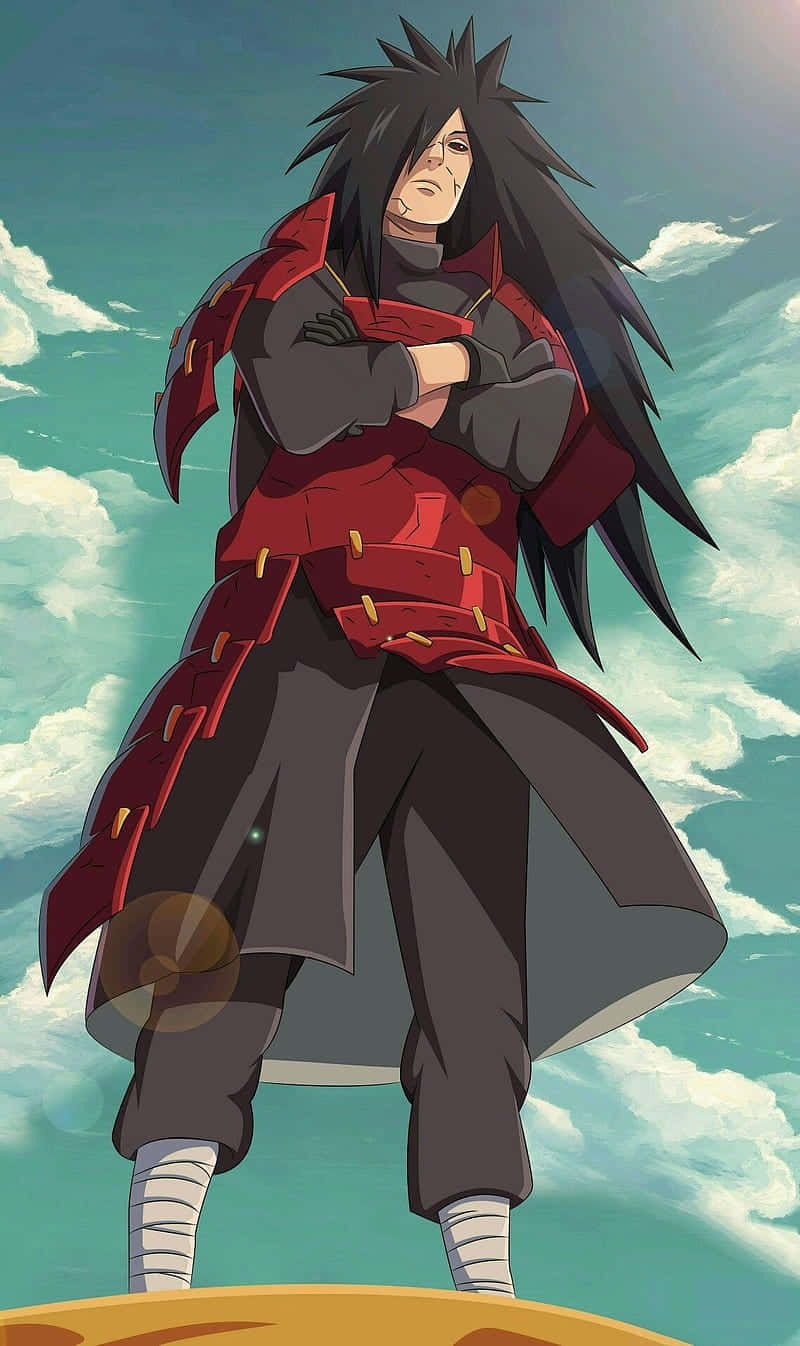 Kraftfulde Madara Uchiha fra Naruto står på en fræk rød baggrund. Wallpaper