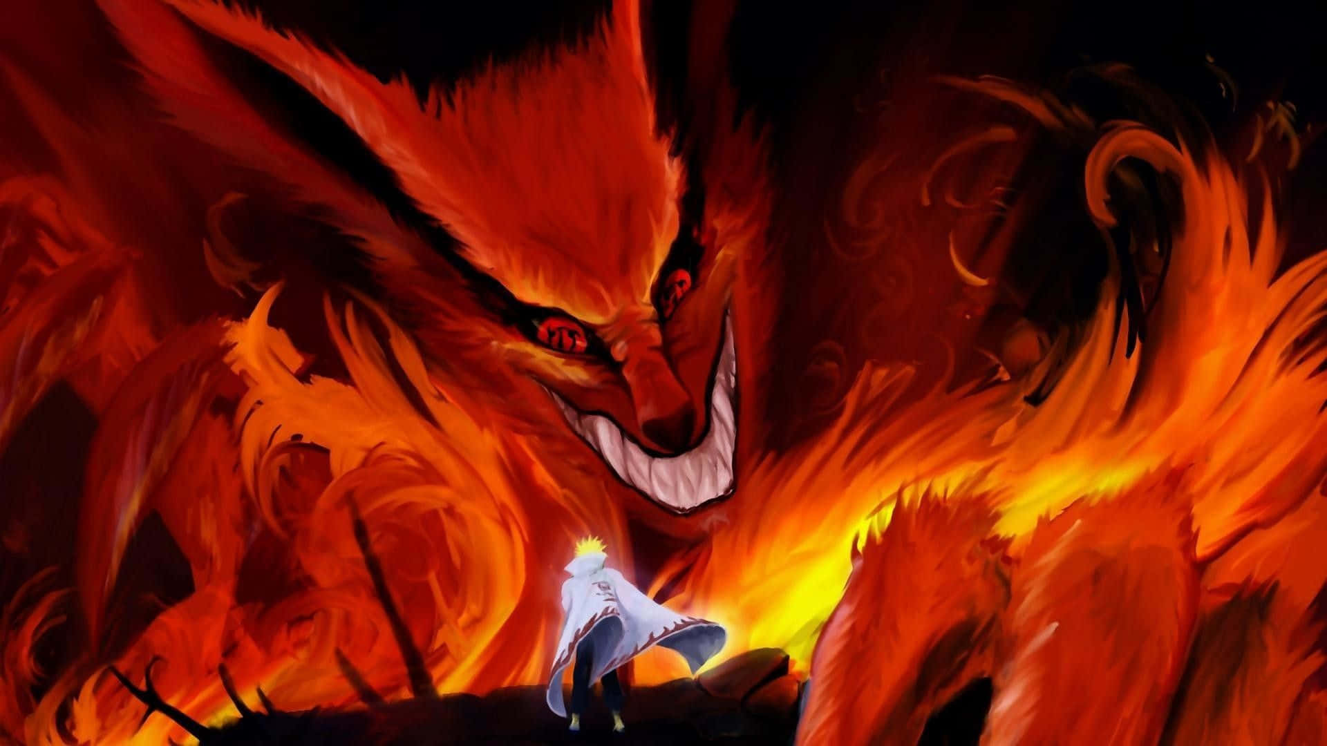 a demon is standing in front of a fire Wallpaper