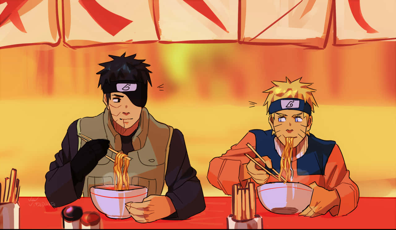 Dospersonajes De Naruto Comiendo Fideos En Una Mesa. Fondo de pantalla