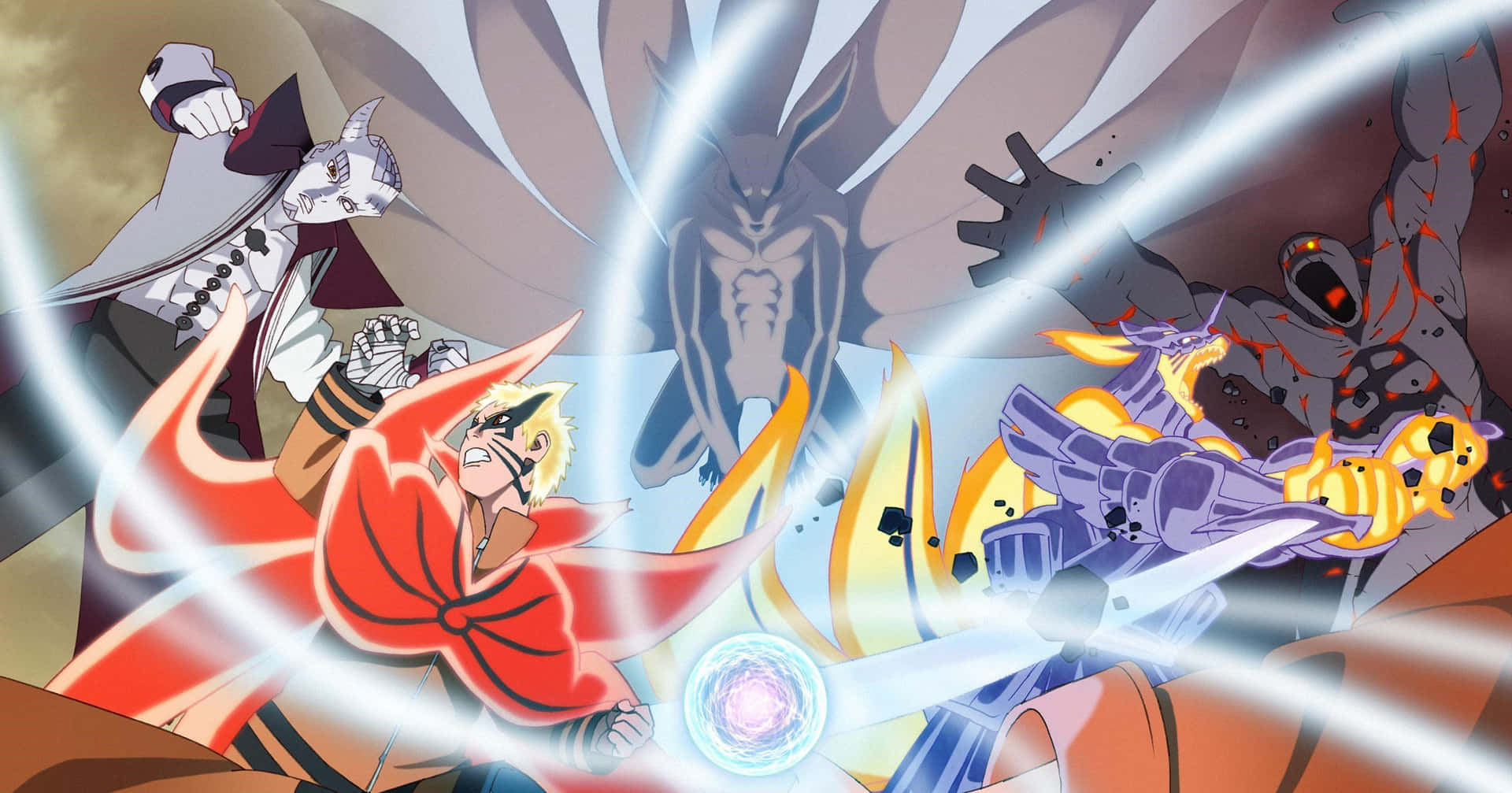 Naruto Uzumaki udløser en kraftig Rasengan mod sine fjender. Wallpaper