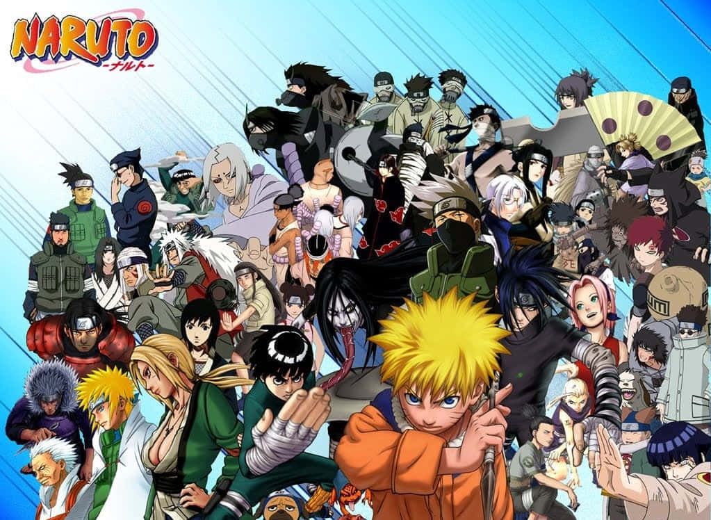 Naruto and his friends gathered together, showcasing their unique abilities and strong bonds Wallpaper
