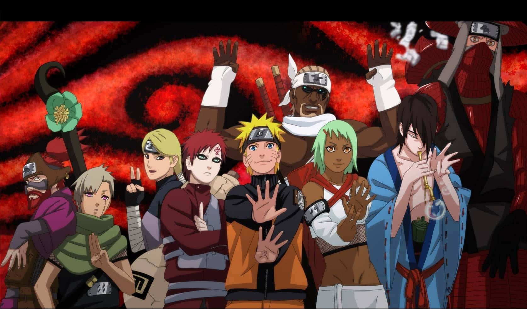 Naruto and his friends striking a victory pose after a successful mission. Wallpaper