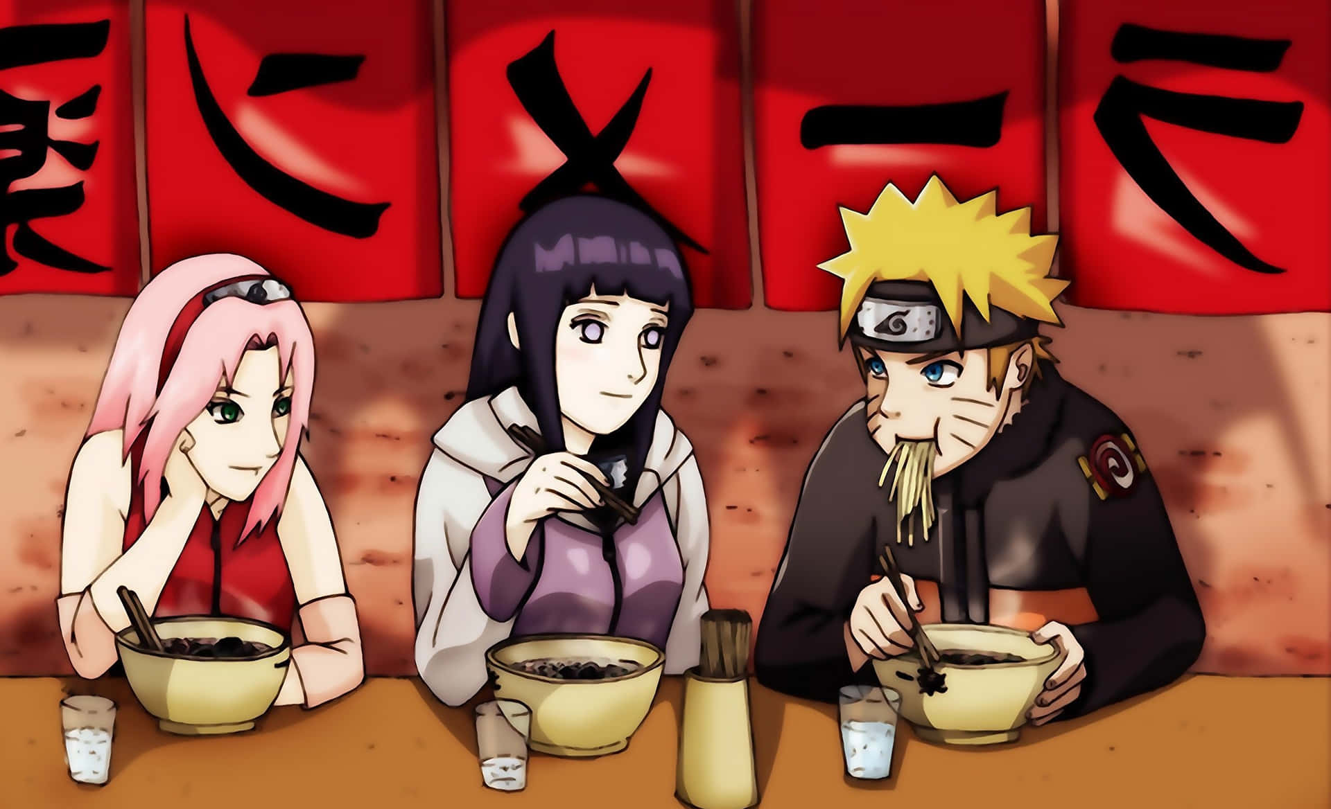 Naruto and his friends standing together, ready for action Wallpaper