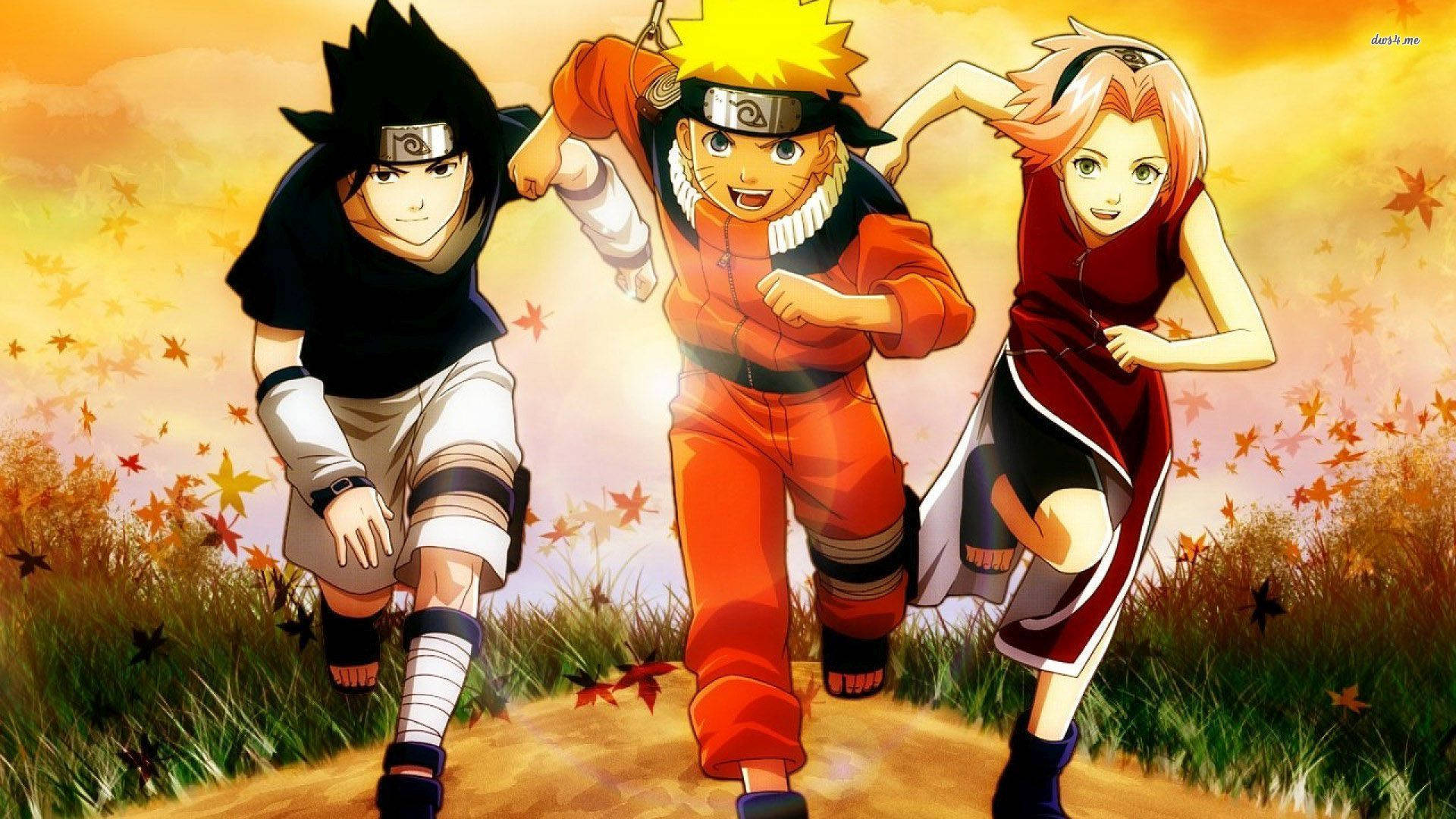 Three youthful ninja - Naruto, Sakura and Sasuke running together. Wallpaper