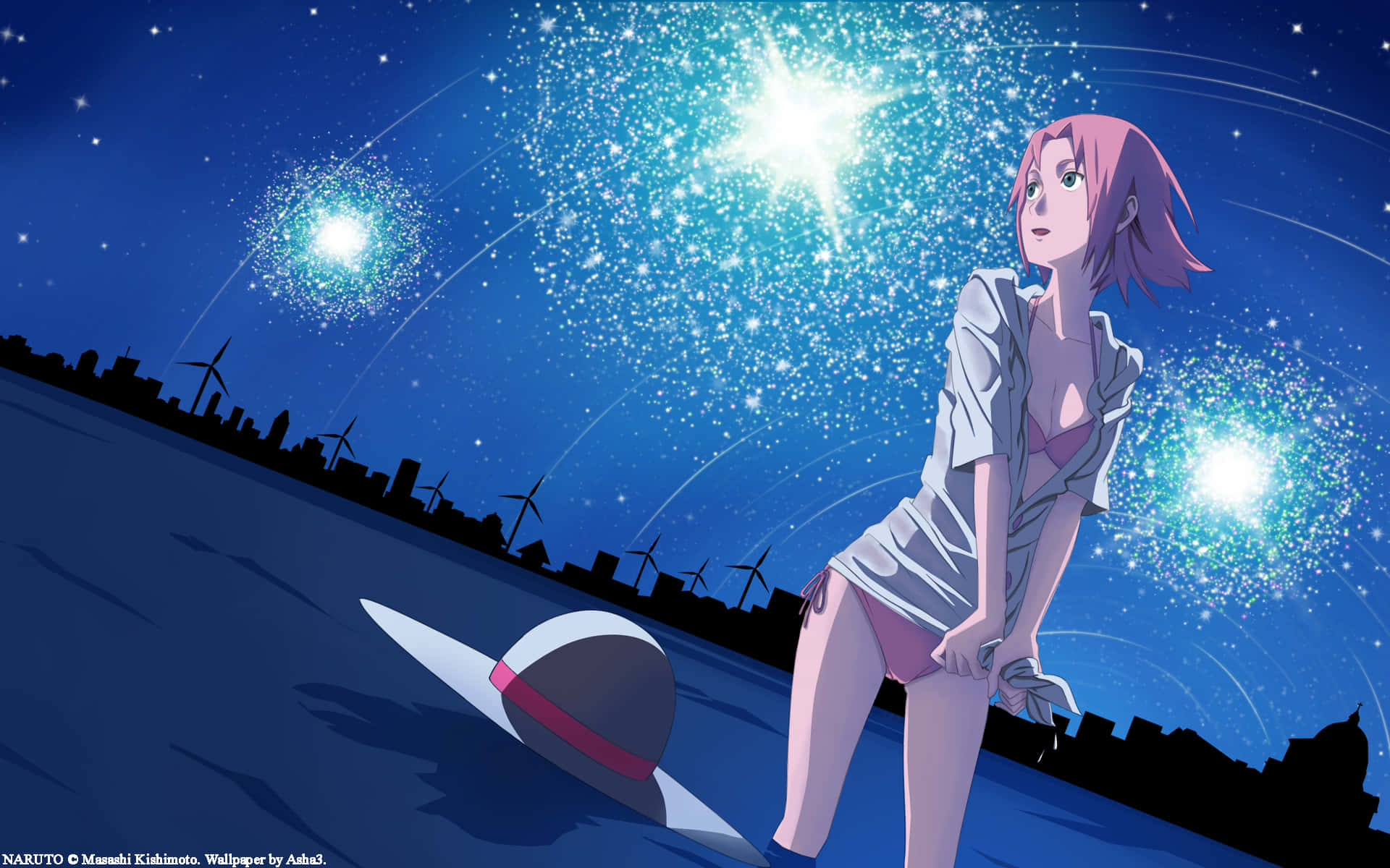 A Girl With Pink Hair Standing In The Water With Stars Wallpaper