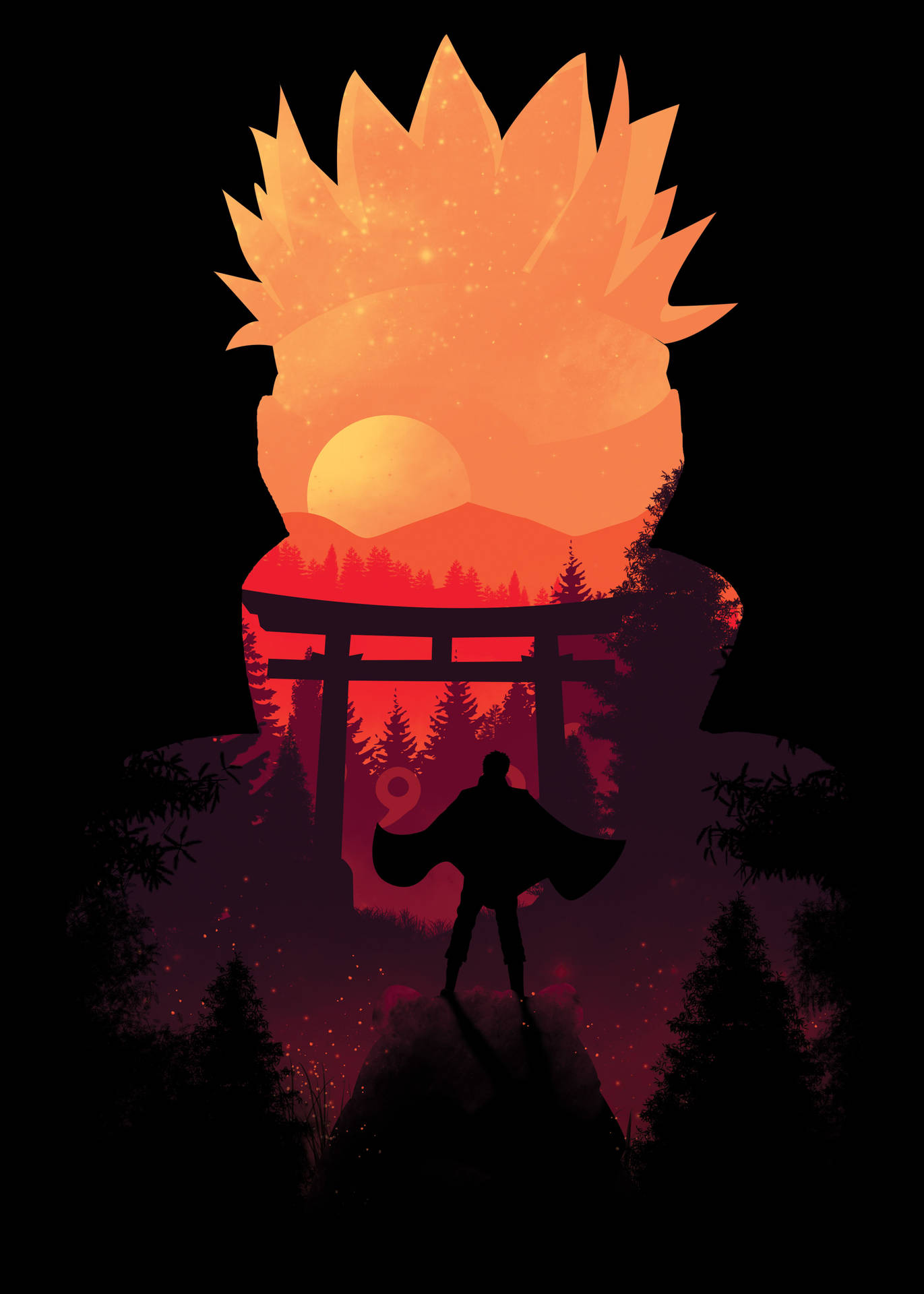 Naruto Silhouette Poster Tapet: Et mørkt tapet med en stiliseret silhuet af Naruto, der hopper i aktion. Wallpaper