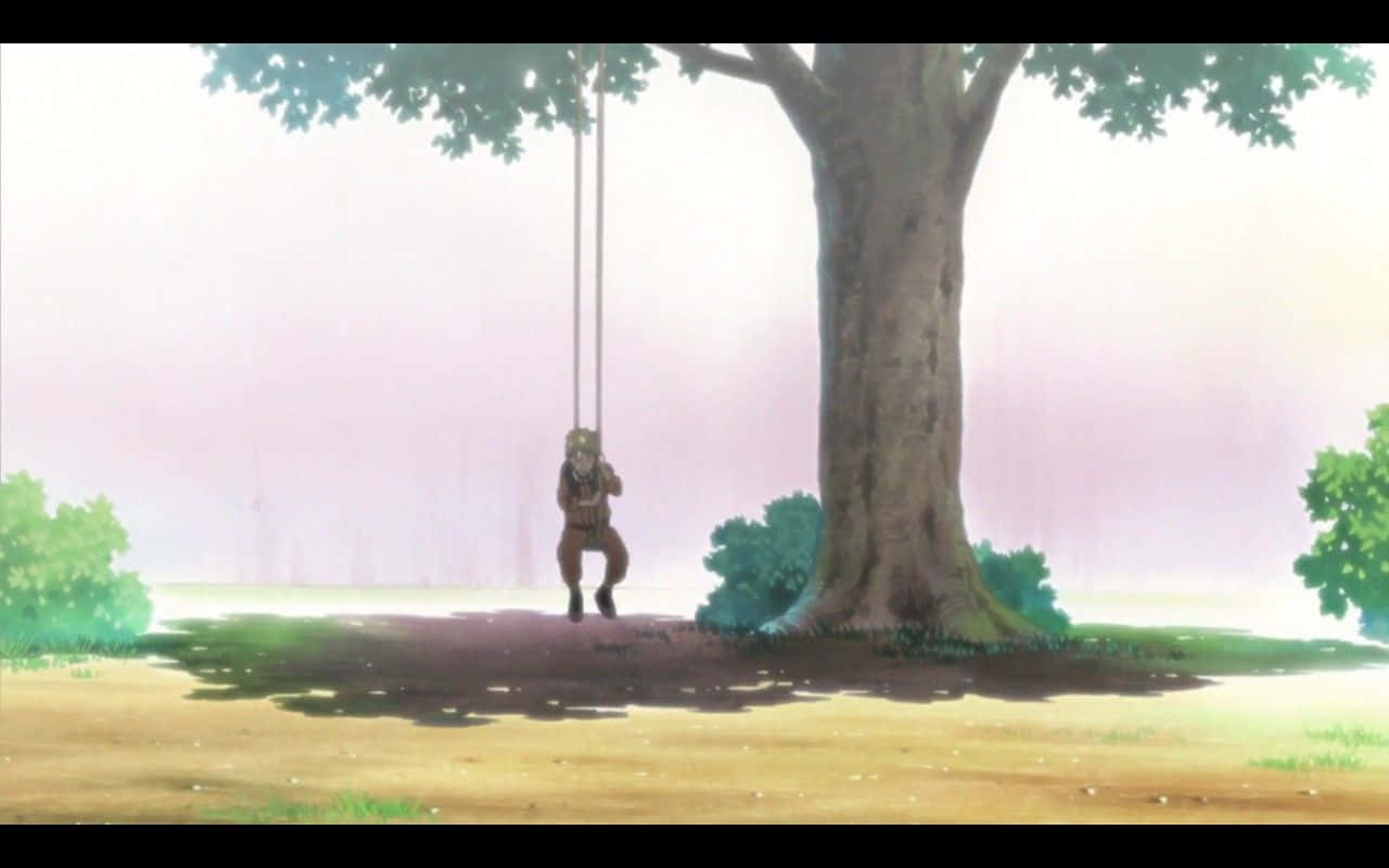 A Girl Is Swinging On A Swing In Front Of A Tree Wallpaper