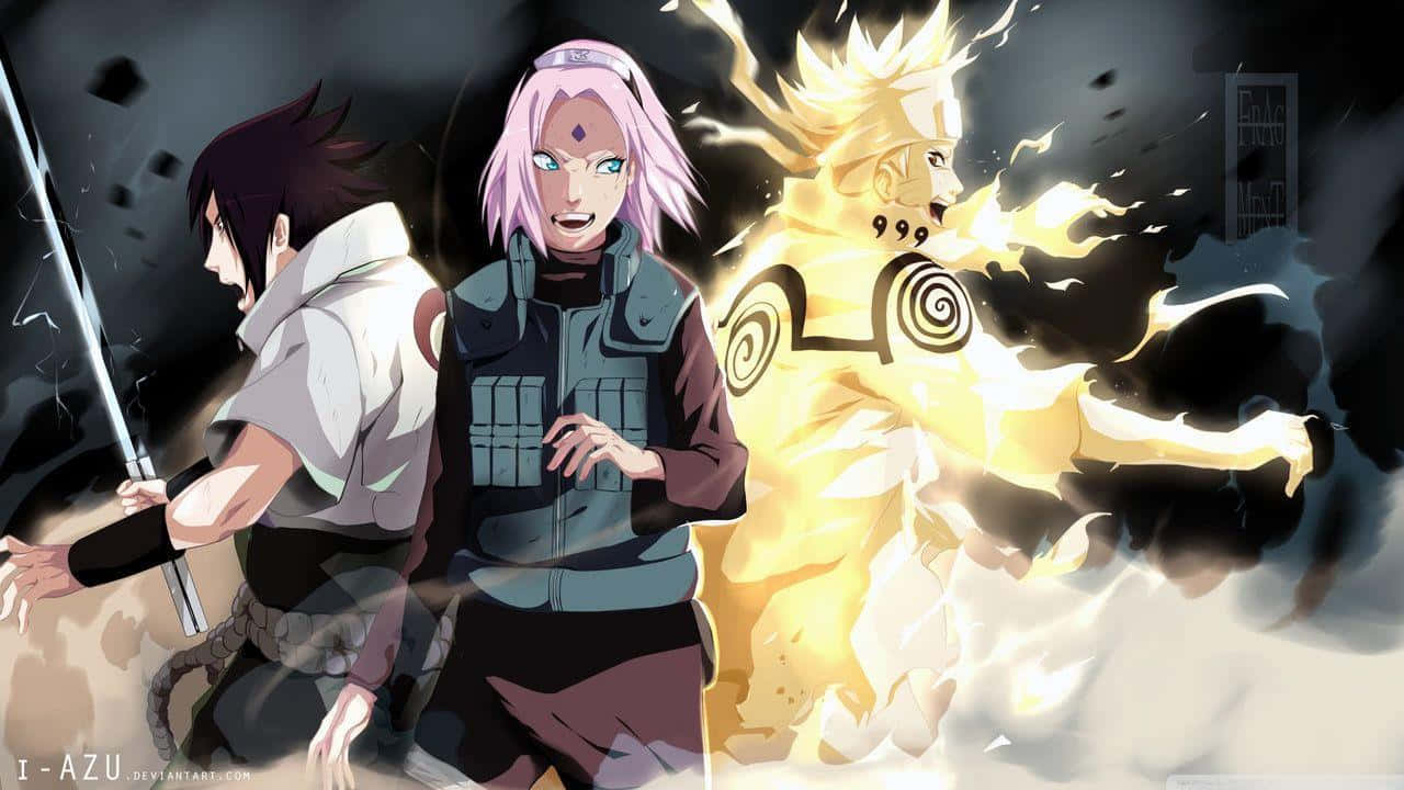 Narutos ikoniske Team 7 sammen i en levende vægmaleri Wallpaper