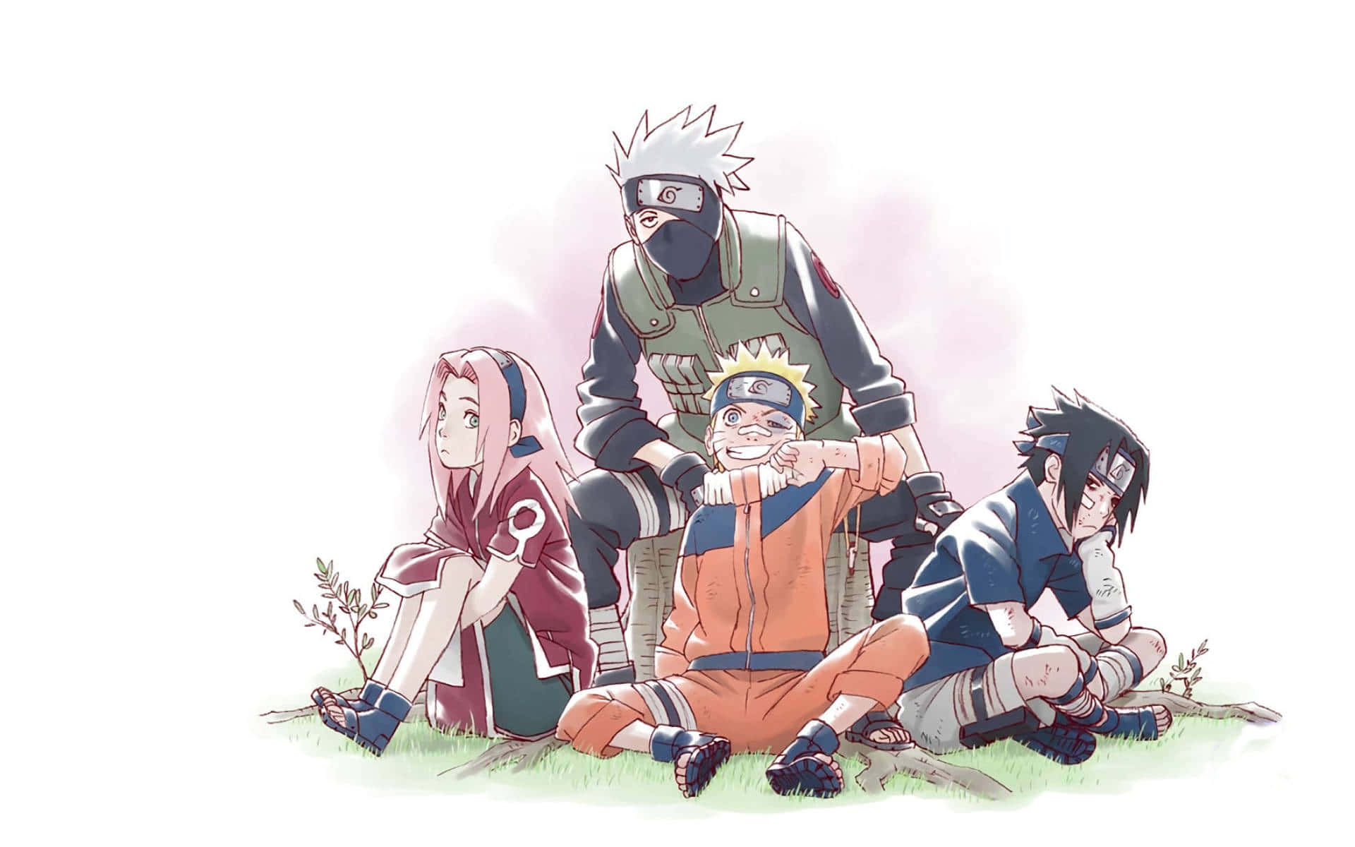 Fra venstre til højre blev Naruto Uzamaki, Sakura Haruno, Kakashi Hatake og Sasuke Uchiha genforenet som Team 7. Wallpaper