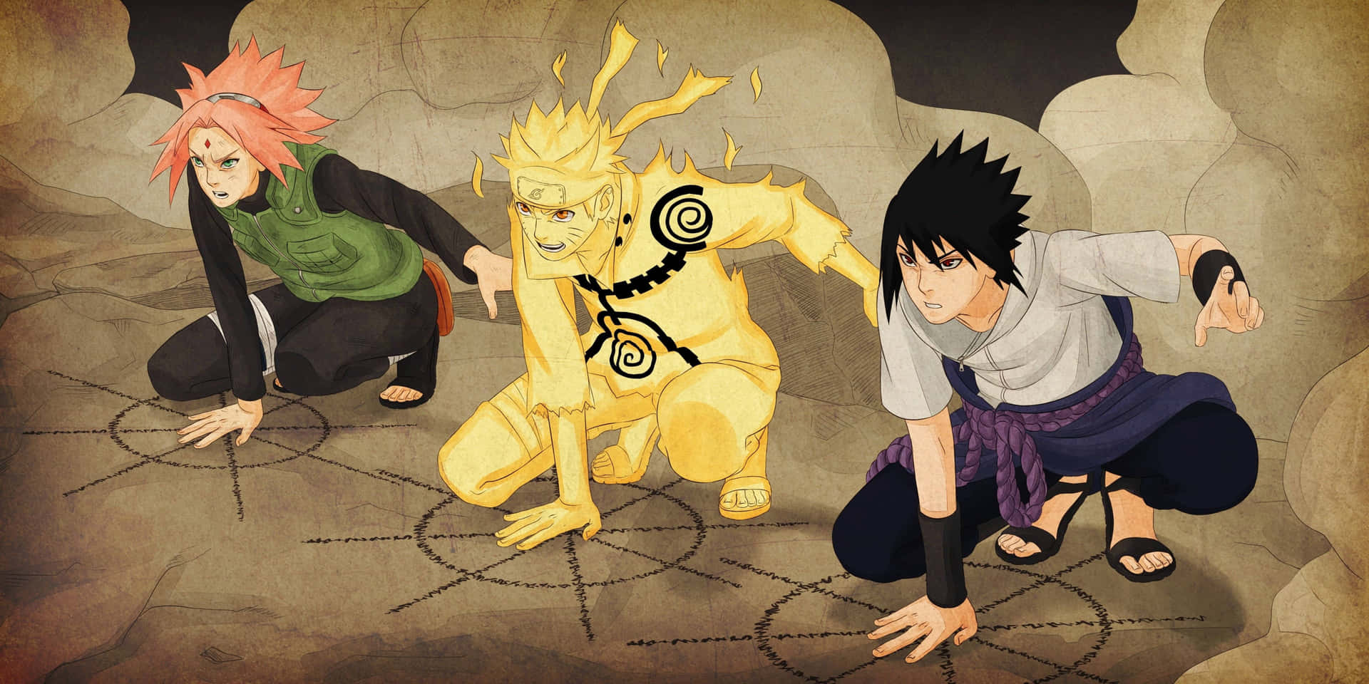 'Hold 7 af den skjulte bladby: Naruto, Sakura, Sasuke og Rock Lee alle klar til at redde verden.' Wallpaper