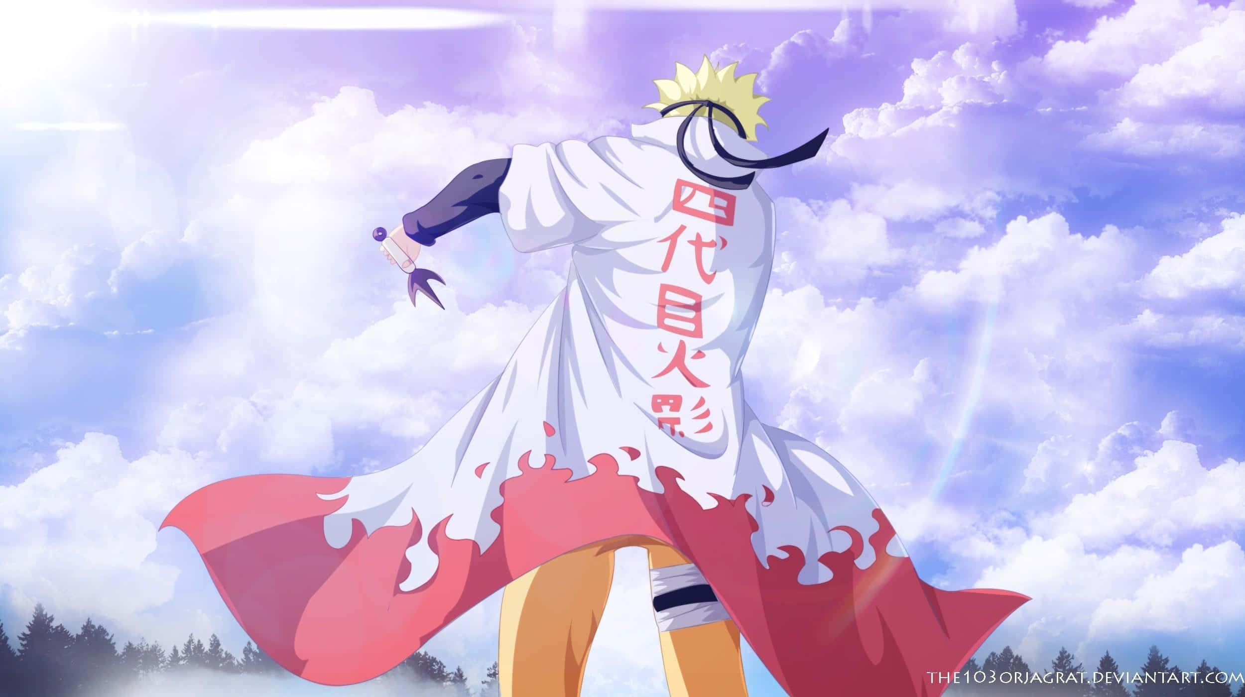 Etøjeblik Af Mod Og Beslutsomhed, Da Naruto Uzumaki Står På Toppen Af Et Bjerg I Landet Med Ilden. Wallpaper