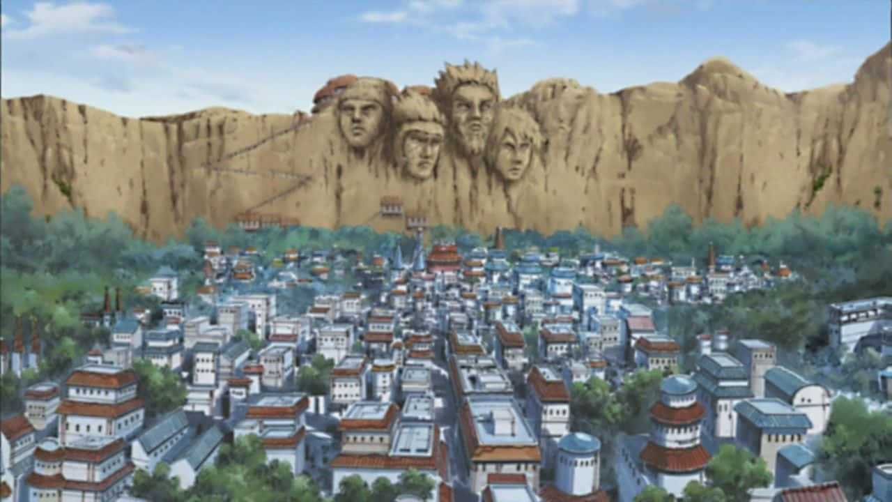 Scenic view of the Hidden Leaf Village in the Naruto series Wallpaper