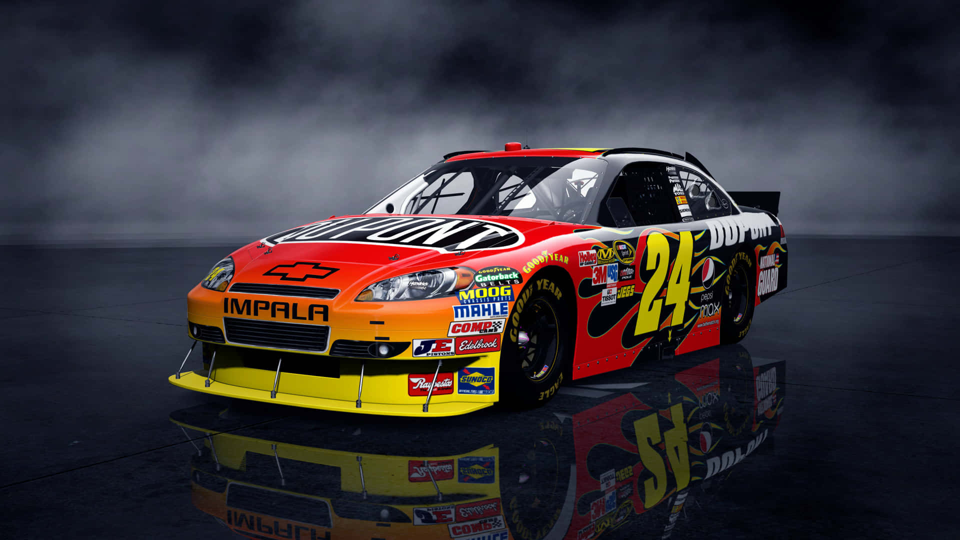 Et NASCAR-bil vises i et mørkt miljø Wallpaper
