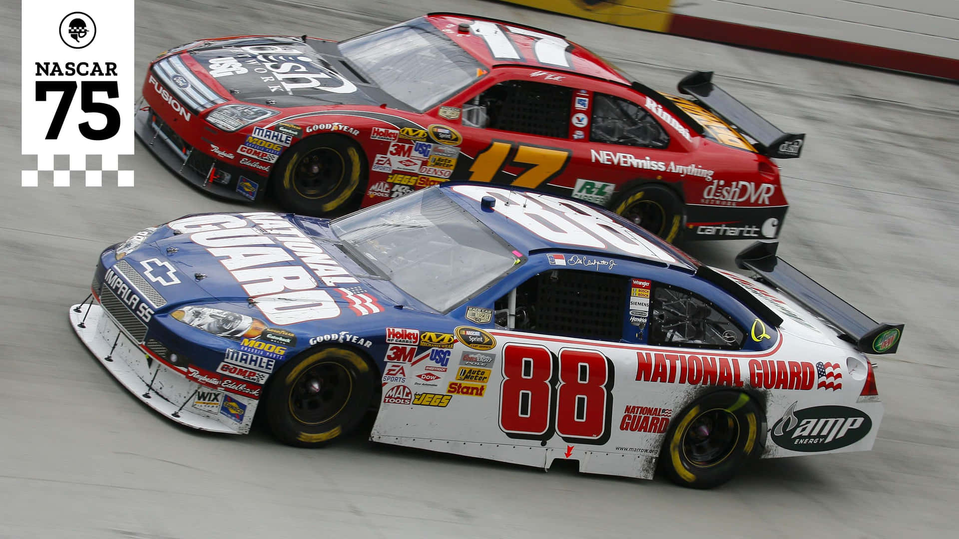 Two Nascar Cars Racing On A Track