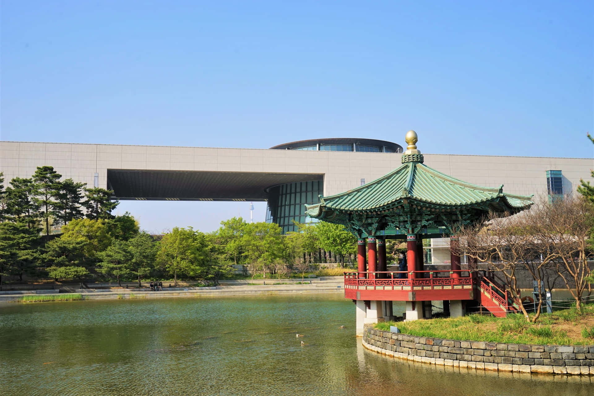 Nationale Museum Van Korea Vijver En Paviljoen Achtergrond