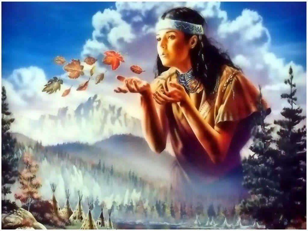A Painting Of A Native American Woman With Leaves Wallpaper