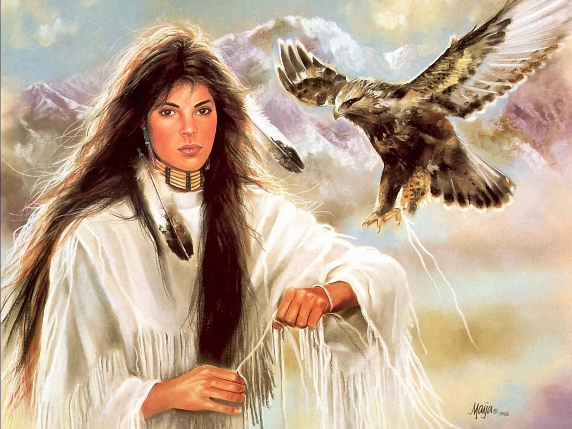 A Painting Of A Native American Woman With An Eagle Wallpaper