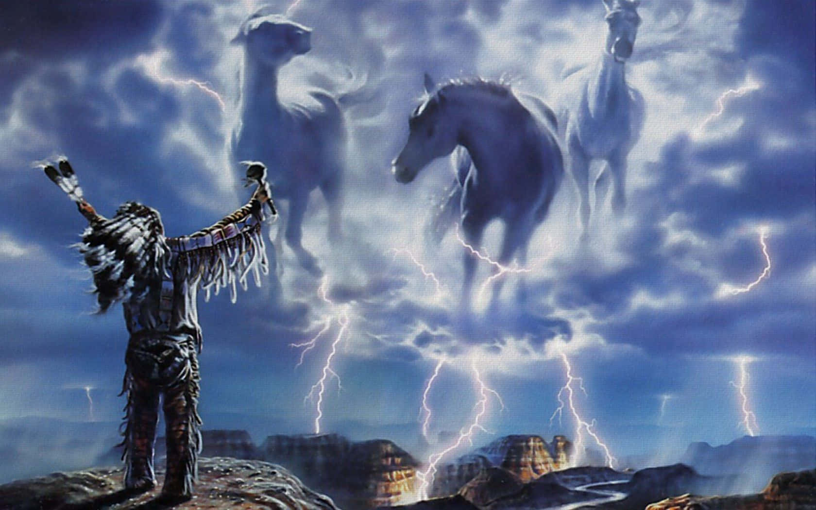 Et maleri af en indfødt amerikaner mand med heste og lynet i himlen Wallpaper