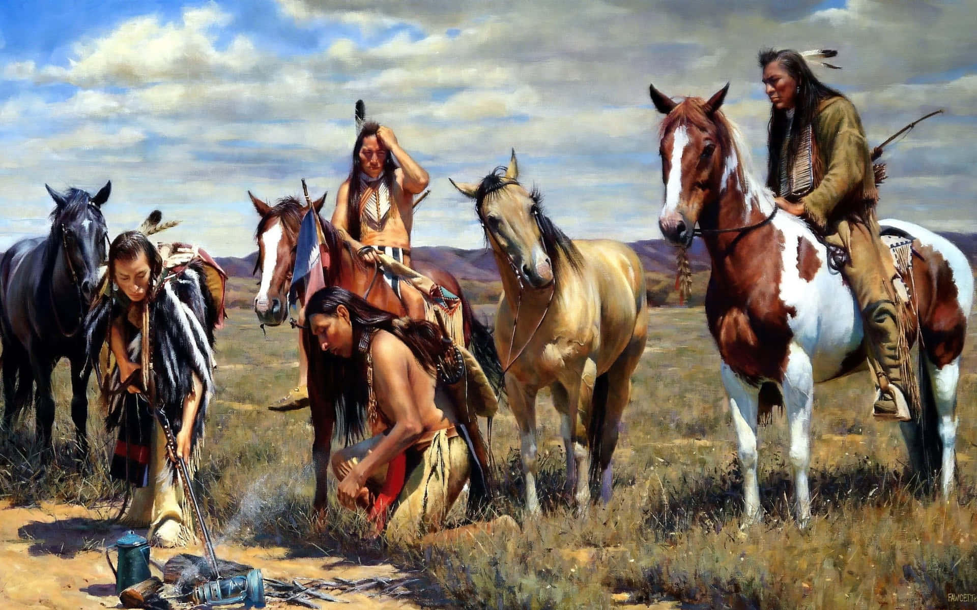 Native americanere på heste galoperende over en stjerneklar himmel. Wallpaper