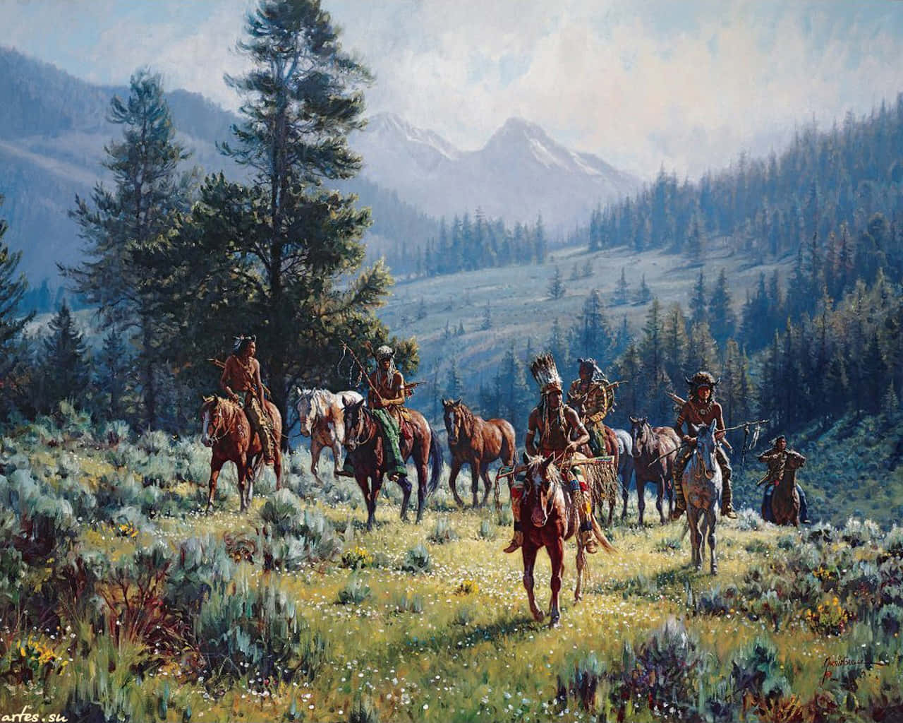 Et maleri af et gruppe cowboys som red på heste igennem en dal. Wallpaper