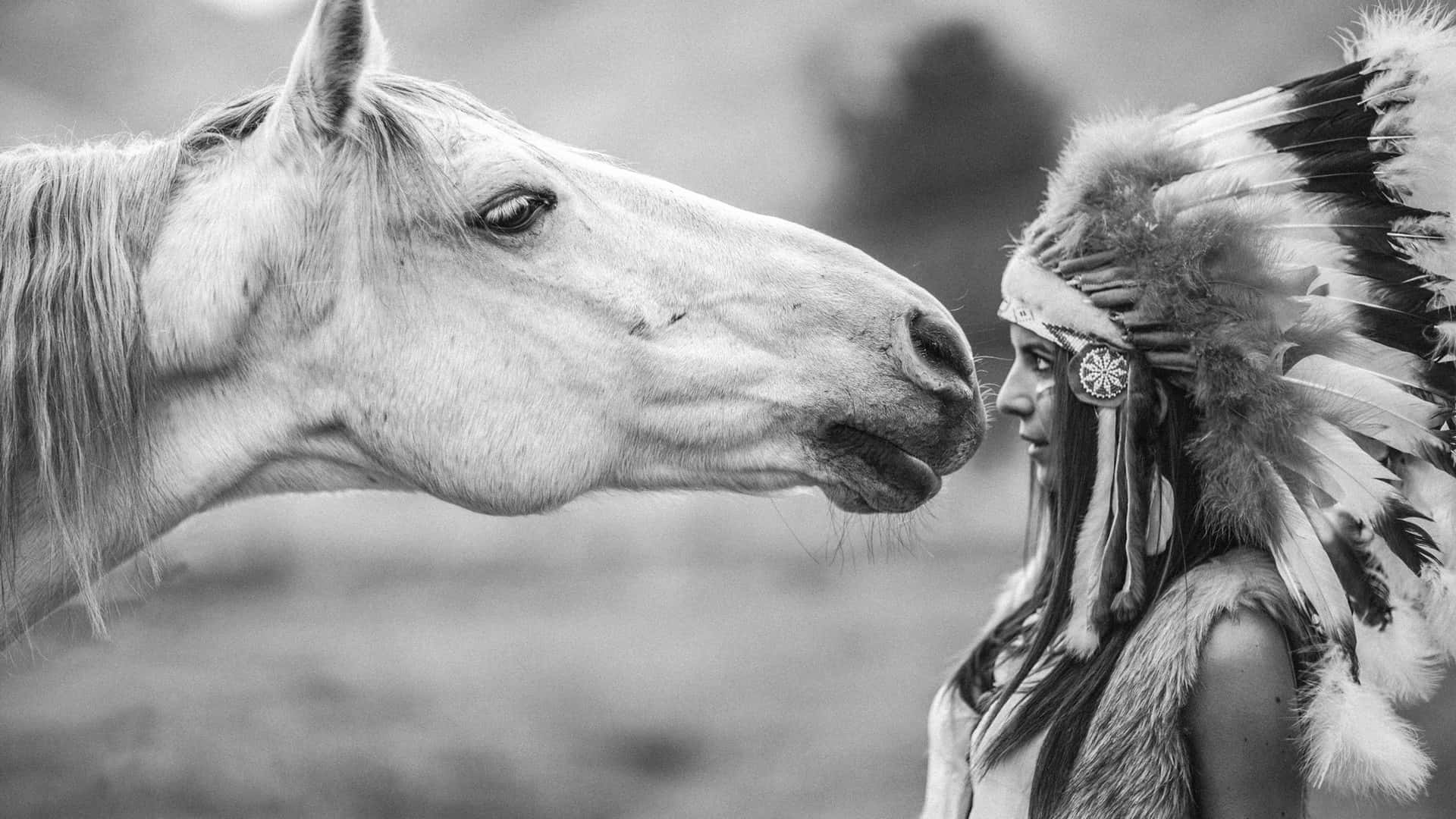 Enkvinna I En Ursprungsbefolkningens Amerikanska Huvudbonad Som Kysser En Häst Wallpaper