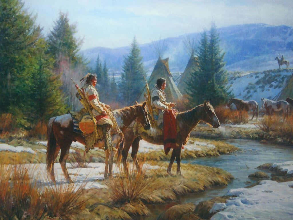 Enmålning Av Två Indianer På Hästar Wallpaper