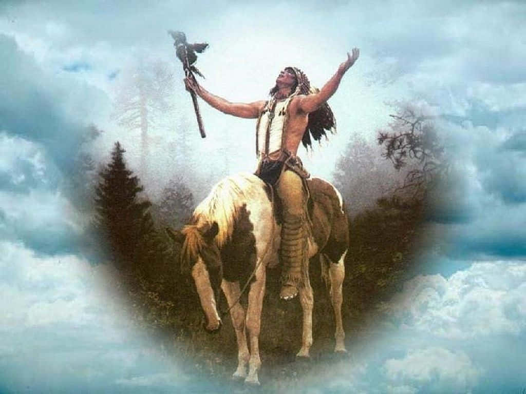Indfødte på hest i skyer maleri Wallpaper