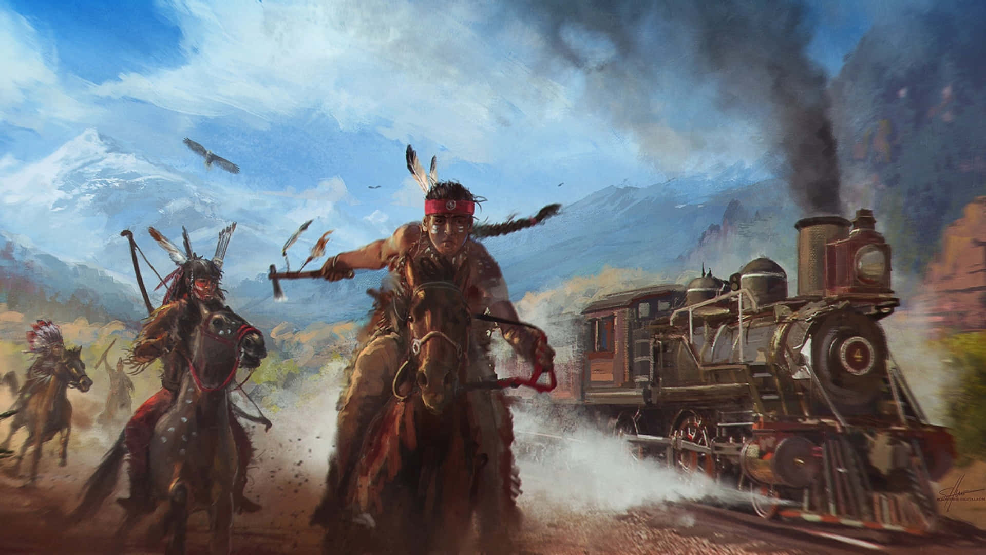 Native Riders Attacking Train Wallpaper