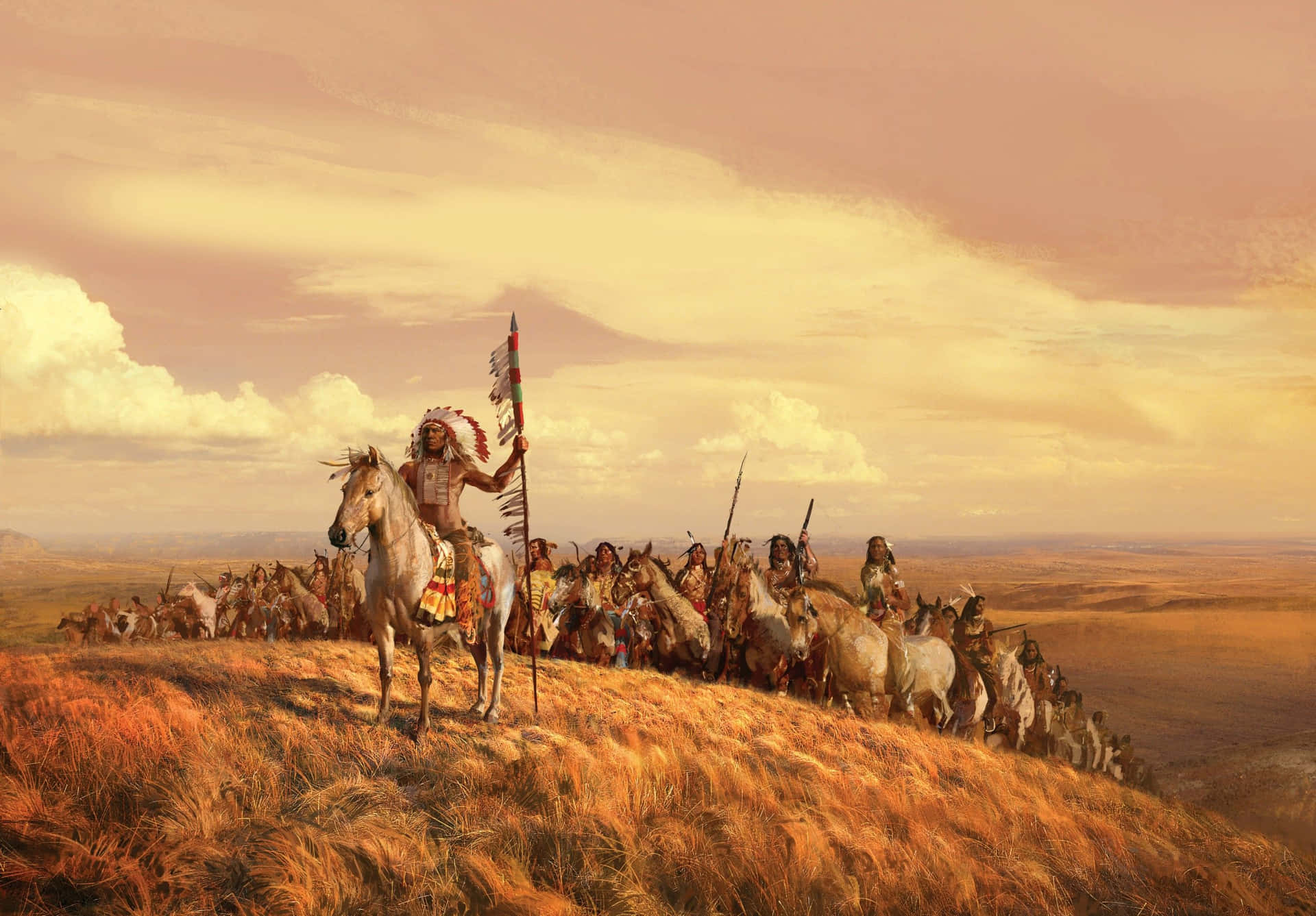 Udtryksfuld design med leder af indfødte stammer og hestevogne. Wallpaper