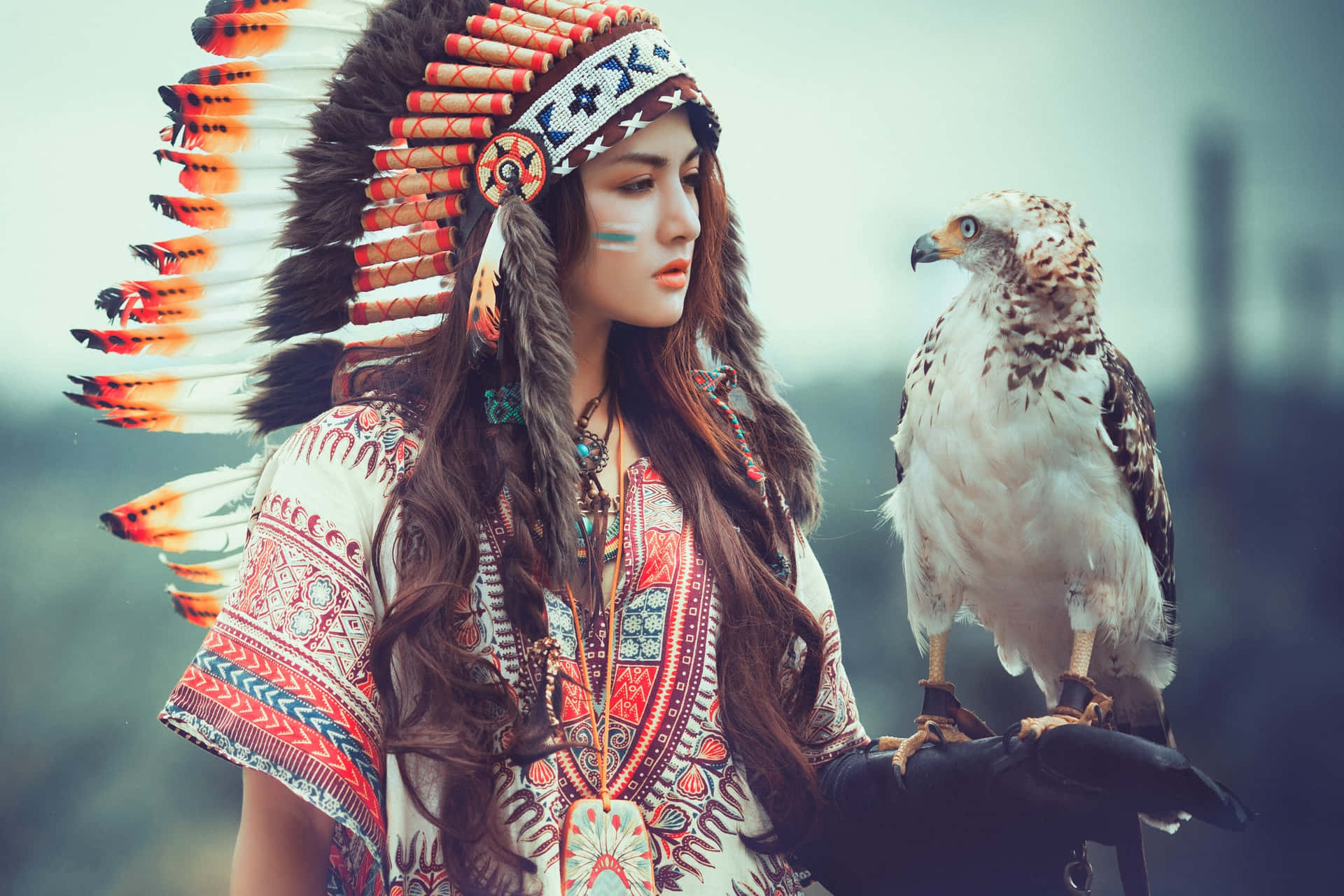 Native Tribal Model with Eagle in the Wilderness Wallpaper
