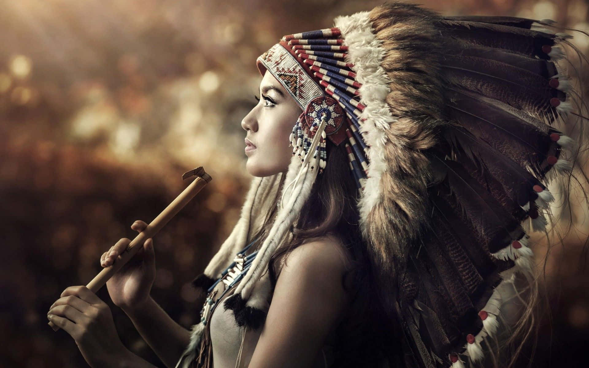Native Tribal Model With Flute Wallpaper
