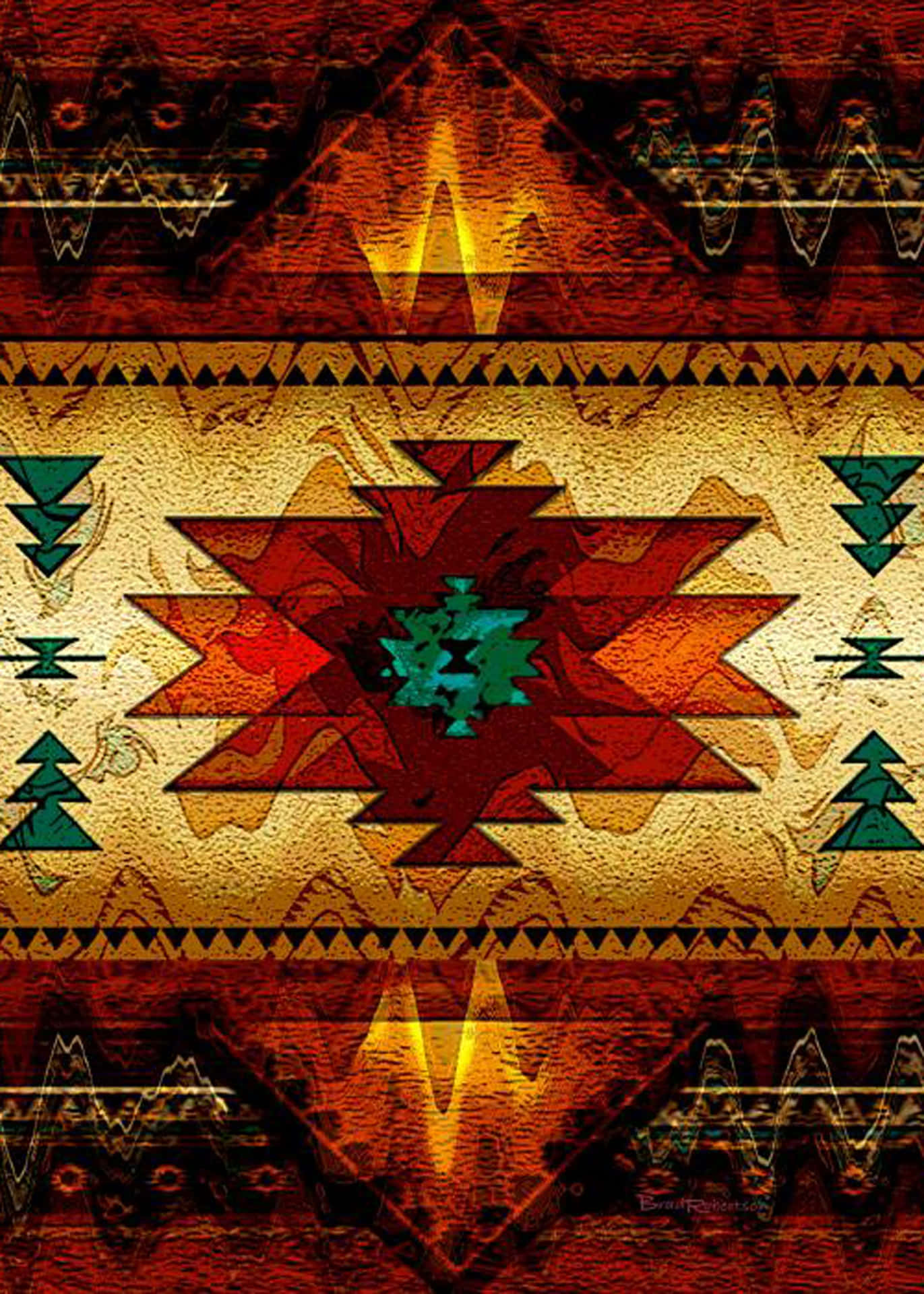 A Southwestern Style Art Print With Red, Yellow And Green Colors Wallpaper