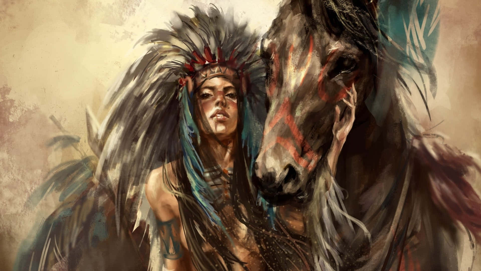 A Painting Of A Native American Woman And Her Horse Wallpaper