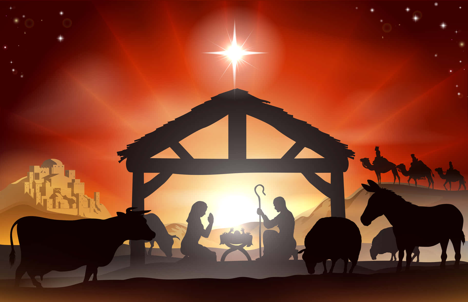 Christmas Nativity Scene With Silhouettes Of Jesus And His Family