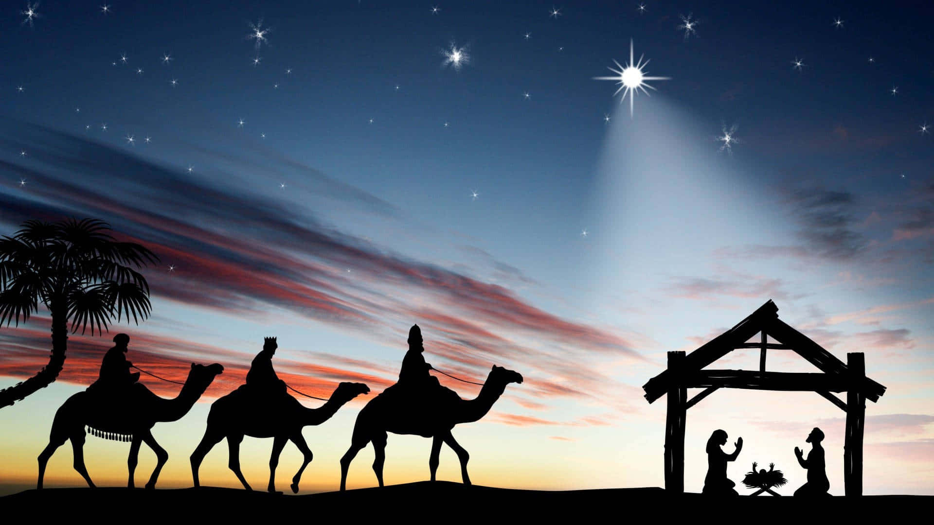 A Nativity Scene With Three Camels And A Star