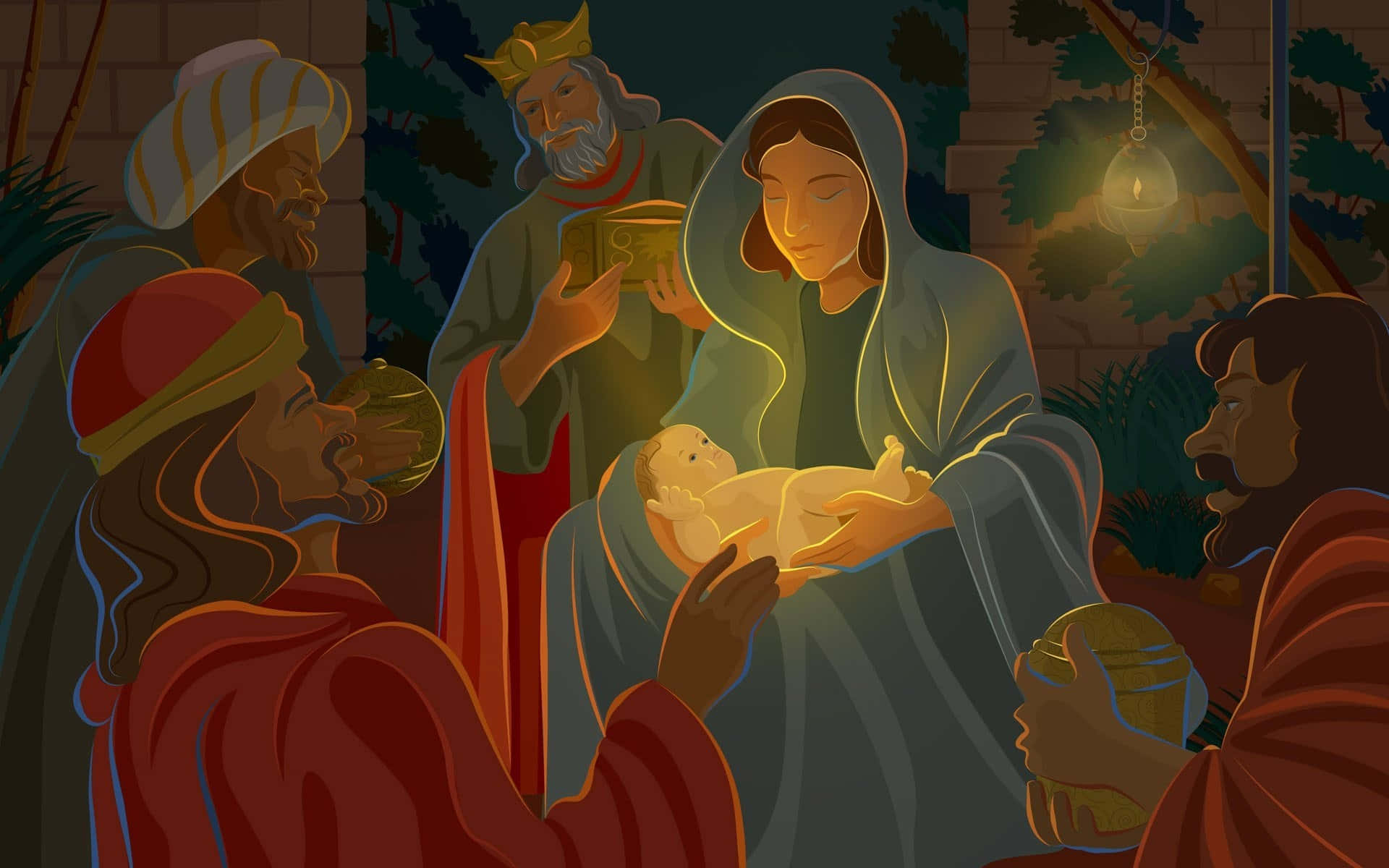 Enjul Nativity Scene Belyst Om Natten.