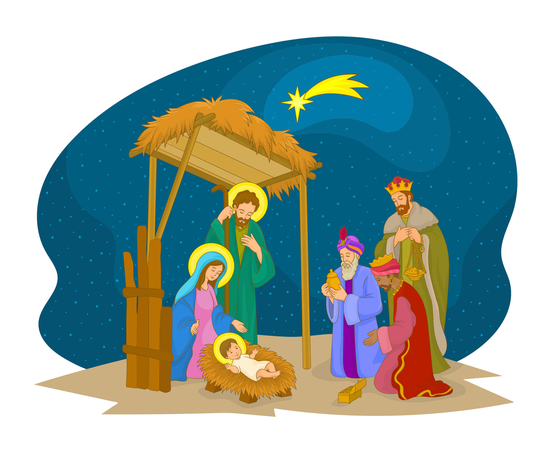 Krybbescenenillustrerer Jesu Kristi Fødsel.